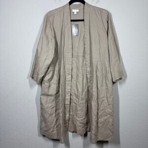 J Jill Womens Petite Large Linen Open Long Line Cardigan Tan Sandbar Half Sleeve